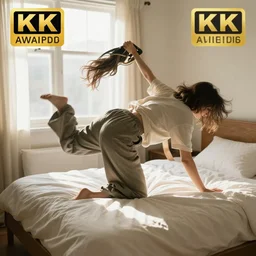 a woman with baggy clothes falling onto a comfy bed in a sunlight room, award winning photography, 4 k