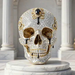 beautiful 3 d render of a skull ornamented in diamonds dripping liquid onyx by billelis + gold and marble sculpture + gold filigree + kintsugi!!!, on a marble pedestal!!!!, marble columns in background!!!, transcendent, clean linework, finely detailed, 4 k, trending on artstation, photorealistic, volumetric lighting, octane render