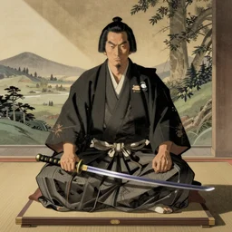 japanese daimyo sitting in his dais, his sword is balanced on his knees, draw in the style of kano school
