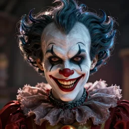 the evil jester smirking, lovecraft scene, 3 d portrait, intricate details, by vincent di fate, artgerm, smooth gradients, octane render, 8 k, volumetric lightning, low contrast, depth of field, coherent face