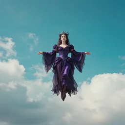 queen of the underworld floats the sky like a star the sky is a turquoise blue with beautiful white fluffy clouds, hyper realism volumetric lighting