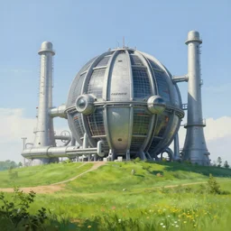 an impressive science fiction big factory with a spherical architecture designed by boeing military and technodrome and star wars with fat cables and pipes, on a beautiful green hill in a the french countryside during spring season, painting by cowboy bebop backgrounds hd and gustave courbet, nice lighting, perfectly readable image, mitigation, denoised smooth image, smooth tiny details, straight painted lines, soft and clear shadows, low contrast, perfect