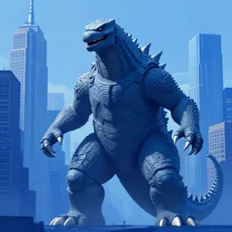 giant kaiju in new york, blue buildings in the background, art by ismail inceoglu