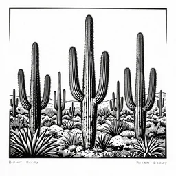 art by brian reedy, a beautiful black ink linocut print of the giant cactus forest midwest, high plains, 8 k, frostbite 3 engine, cryengine, ground level shot, dof, trending on artstation, digital art, crepuscular ray