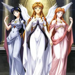 trinity of evangelion anime characters as gods and godesses, classical roman renaissance baroque fantastical green art fresco, cyberpunk, poster, eva, golden ratio, cycles, very colorful, blasphemous orthodox icon