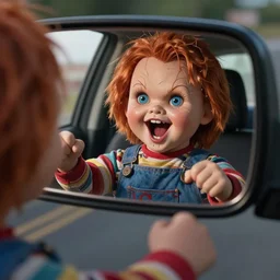 first person screaming chucky doll in rear view mirror running after you