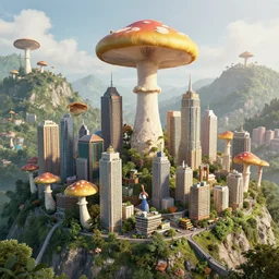 a city on a mountain, buildings in the form of mushrooms, sachin teng, greg rutkowski, jesper ejsing, unreal engine, octane render, hyper detailed