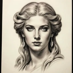 tattoo sketch of beautiful greek goddess aphrodite with arrowhead earrings, beautiful piercing eyes, flowing blonde hair, realistic face, hyper realistic, in the style of greg rutkowski, fantasy, amazing detail, epic, intricate, elegant, smooth, sharp focus