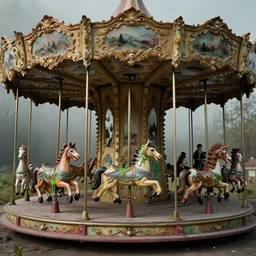 a haunted creepy abandoned secret carousel with elaborately intricate carved wooden figures of animals, pine treehouse, slime, swamp, discovered in a secret garden, hedgemaze, photo taken on fujifilm superia film, 3 5 mm film