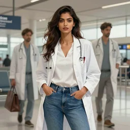 Sensual good looking pale young Indian doctors wearing jeans in an airport, portrait, elegant, intricate, digital painting, artstation, concept art, smooth, sharp focus, illustration, art by artgerm and greg rutkowski and alphonse mucha