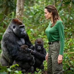 angelina jolie wearing a green long sleeved shirt and cargo pants, encounters a family of gorillas in the forests of the congo, photographed in the style of national geographic