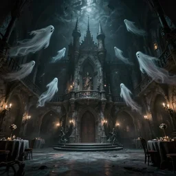 a wide angle shot from below interior view of a dark and gritty surrealist castle ball room with ghosts and spectres flying all over the place, in the style of the best artist possible