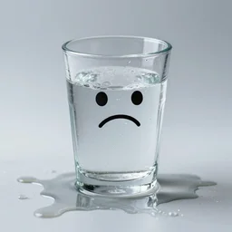 an anthropomorphic glass of spilled water with a sad face, realistic