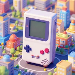 giant gameboy building in a middle of cute city, orthographic view, silicon valley opening, stule, octane render, high detailed, artstation trending, rounded, vibrant colors,