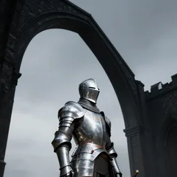 a knight in silver armor looking up and seeing a huge black arch in the sky rendered in povray 8k resolution concept art