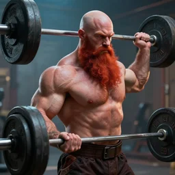 Bald man with long red beard lifting weights not muscular realistic 4k octane beautifully detailed render, 4k post-processing, highly detailed, intricate complexity, epic composition, magical atmosphere, cinematic lighting, masterpiece, ultra hd