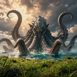 mysterious monster cthulhu in the sea, huge tentacles sticking out of the water, landscape, cinematic view, epic sky, detailed, concept art, low angle, high detail, warm lighting, volumetric, godrays, vivid, beautiful, trending on artstation, by jordan grimmer, huge scene, grass, art greg rutkowski