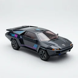 full shot of a box - shaped sci - fi flying vehicle made from dark glass and plastic surfaces in the style of peugeot prestige, neon kanji decals, studio lighting, product photo, light background