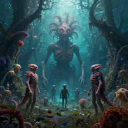 underwater fractal acid trip forest, strange creatures walking around, by vladimir kush and giger