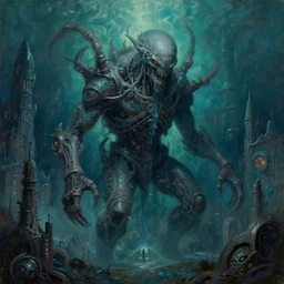an oil painting of biopunk aether monster that consumes underwater r'lyeh city in style of lovecraftian horror by simon bisley