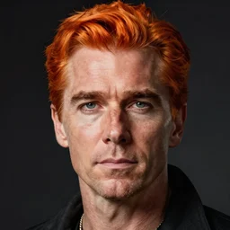 a cyberpunk dystopian presidential portrait of president orange, with only orange hair and eyebrows, played by christian bale
