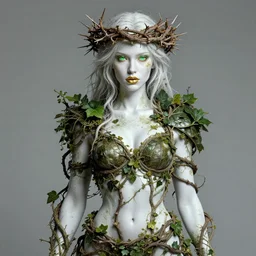 full body portrait of a beautiful warrior woman, green eyes, gold lips, white skin entwined in branches, ivy and vines, thorn crown, highly detailed, sci - fi, intricate, decadent, highly detailed, octane render, concept art, smooth, sharp focus, hyper - realistic