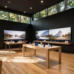 A flagship Samsung store. black walls. timber floor. high ceilings with spots. the warm sun shines through large windows illuminating an internal forest. beautiful modern wood furniture with phones and tablets, large digital screens with videos on the walls, Architectural photography. 14mm. High Res 8K. award winning architectural design, Minimalist, High-tech environment, warm and happy, clean shapes, inviting, environment friendly