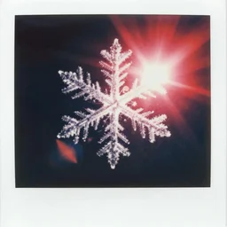 analog vintage photography portrait polaroid of a macro snowflake, lensflare, red color bleed, heavy film grain, bloom, glow