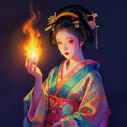 female geisha girl holding a flame of rainbow, beautiful face, colourful, rule of thirds, thousands of colors, intricate outfit, spotlight, by greg rutkowski, by jeremy mann, digital painting