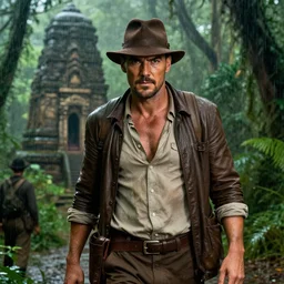 portrait indiana jones with a temple in the rainforest in the back by james jean