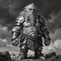 By Boris Vallejo, ultra realist 3d soft paint of Yves the small muscled dwarf fully armored during an epic scene, symmetry accurate features, very intricate details, ominous sky, black and white, volumetric light clouds, unreal artstation