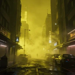 cyberpunk streets at night with thick yellow smog, concept art by Greg Rutkowski, hyperdetailed, hyperrealistic, cinematic lights, octane render, trending on artstation, artstationHD, artstationHQ, unreal engine, 8k