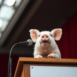 mini pig talking over a podium