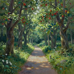 a painting of a path leading to a mystical forest full of wonders, apple trees, magical atmosphere, trending on artstation, 30mm, by Tyler Edlin, by Noah Bradley