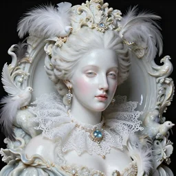 high intricate porcelain baroque stunning woman portrait, lace collar, bird feathers, 8 k, glitter skin very white hyperrealistic hyperdetailed pastel, maria panfilova, andrea savchenko, sensual mike kime, ludovic plouffe, qi sheng luo, oliver cook, trending on artstation