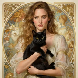 beautiful cottagecore Jennifer Connelly holding a Black Kitten, intricate, elegant, highly detailed, digital painting, artstation, concept art, smooth, sharp, focus, illustration, art by artgerm and greg rutkowski and alphonse mucha