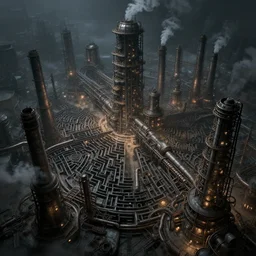 futuristic dystopian endless, intricate, complex, labyrinthine, byzantine, tangled, industrial megafactory complex, smokestacks, pipelines and ducts and vents, science fiction landscape painting, steampunk, smoke, night, gloomy, dark, dramatic, cinematic, volumetric lighting, gods eye view