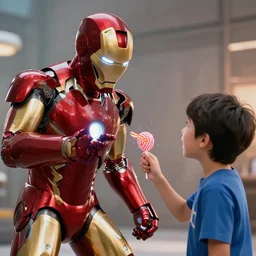 iron man stealing candy from a kid, ultra high quality, detailed, vfx, cinematic masterpiece