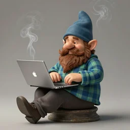 chill gnome - like man, long brown beard, large brown mustache, blue and green plaid shirt, macbook on his lalp, sitting on a pedestal, wispy smoke rising, whimsical, concept art, art nouveau, photorealistic, octane render, unreal engine, mucha, magritte, artgerm, greg rutkowski, trending on artstation, super detailed, 8 k, control the soul