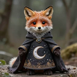 photorealistic real life foxfolk wizard druid as a lovable fluffy muppet plush wearing a very ornate moon themed elven cloak hand sewn by a professional elven seamstress and also a dark tattered cape, photography, national geographic, sesame street