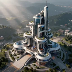 futuristic cyberpunk mansion, hd arial photo
