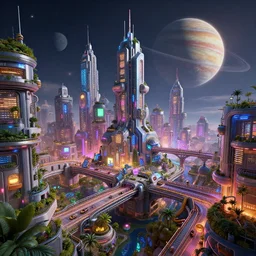 a wide shot of a hi-tech sci-fi solarpunk city, with a lot of bright color lights, bridges, pipes, plants, on a planet orbiting a gas giant, beautiful, volumetric light, photography, color, intricate, extremely detailed, photorealistic, digital art, trending on artstation