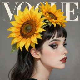 sunflower tiara, bold gothic eye shadow, korean audrey hepburn, vogue magazine, greg rutkowski, john singer sargent, trending on artstation, anime, oil painting, side profile portrait, looking right, intricate