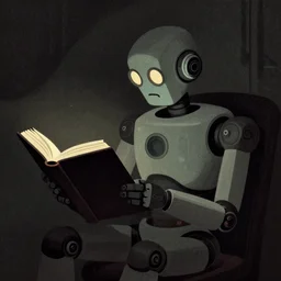 retro dark vintage sci-fi, 2D matte illustration, robot reading a book, art by Szukalski, Beksinski