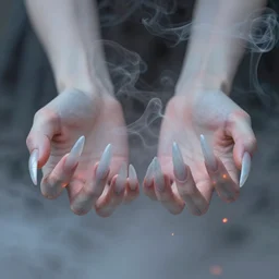 pale delicate long fingers with embers and smoke spilling from both hands, long clawed nails, light blue veins and rose blushed knuckles, macro, wide angle, elaborate, smoke, highly detailed, beautiful lighting
