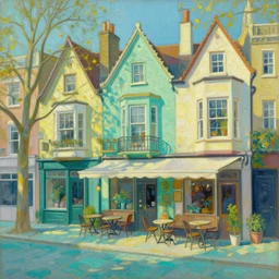 street of teal stone, sunlight and whimsical houses, cafe tables, london, painting by alphonse mucha