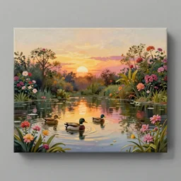 a painting of a duck pond at sunset, surrounded by flower bushes, a detailed matte painting by Robert S. Duncanson, deviantart, hudson river school, terragen, pink clouds, pastel sky, trending on artstation