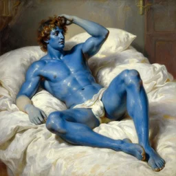 oiled up glossy 2 5 y. o. muscular genie with blue skin posing in bed painted by j. c. leyendecker, morning sunlight, greek, dramatic, romantic, detailed, realistic