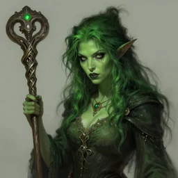 portrait of a swamp witch, green colored skin, green hair, holding a caduceus staff, messy hair, deep focus, d & d, fantasy, intricate, elegant, highly detailed, digital painting, artstation, concept art, matte, sharp, illustration, hearthstone, art by artgerm and greg rutkowski and alphonse mucha