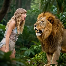 taylor swift in the jungle staring at a lion gasping